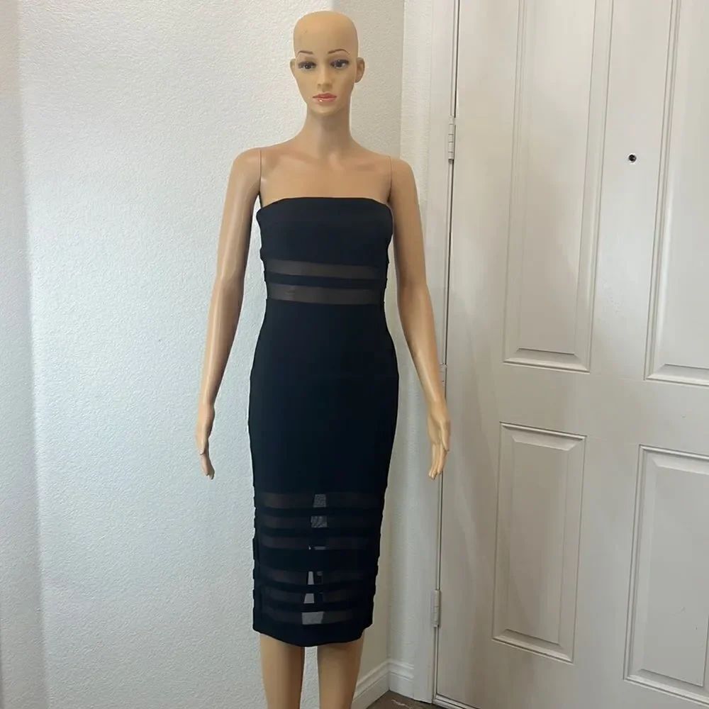 Fashion Nova Dress Sz Medium Black Strapless Sheer Sexy Body Con Slimming Midi